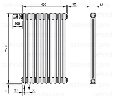 Схема (чертеж) Радиатор Zehnder Charleston 2250/10 №V001 Белый глянцевый RAL 9016